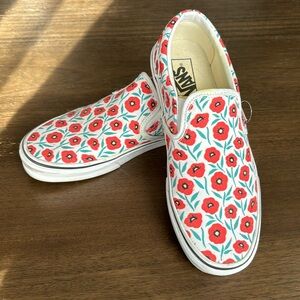 Vans Red and White Floral Slip-On Sneakers